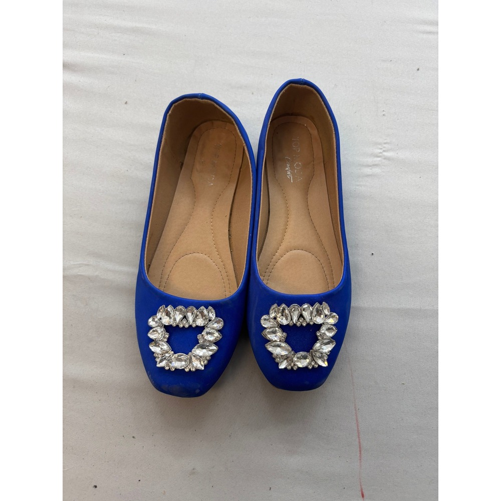 Top Moda Comfort Royal Blue Rhinestone Buckle Ballet Flats Square Toe Size 8